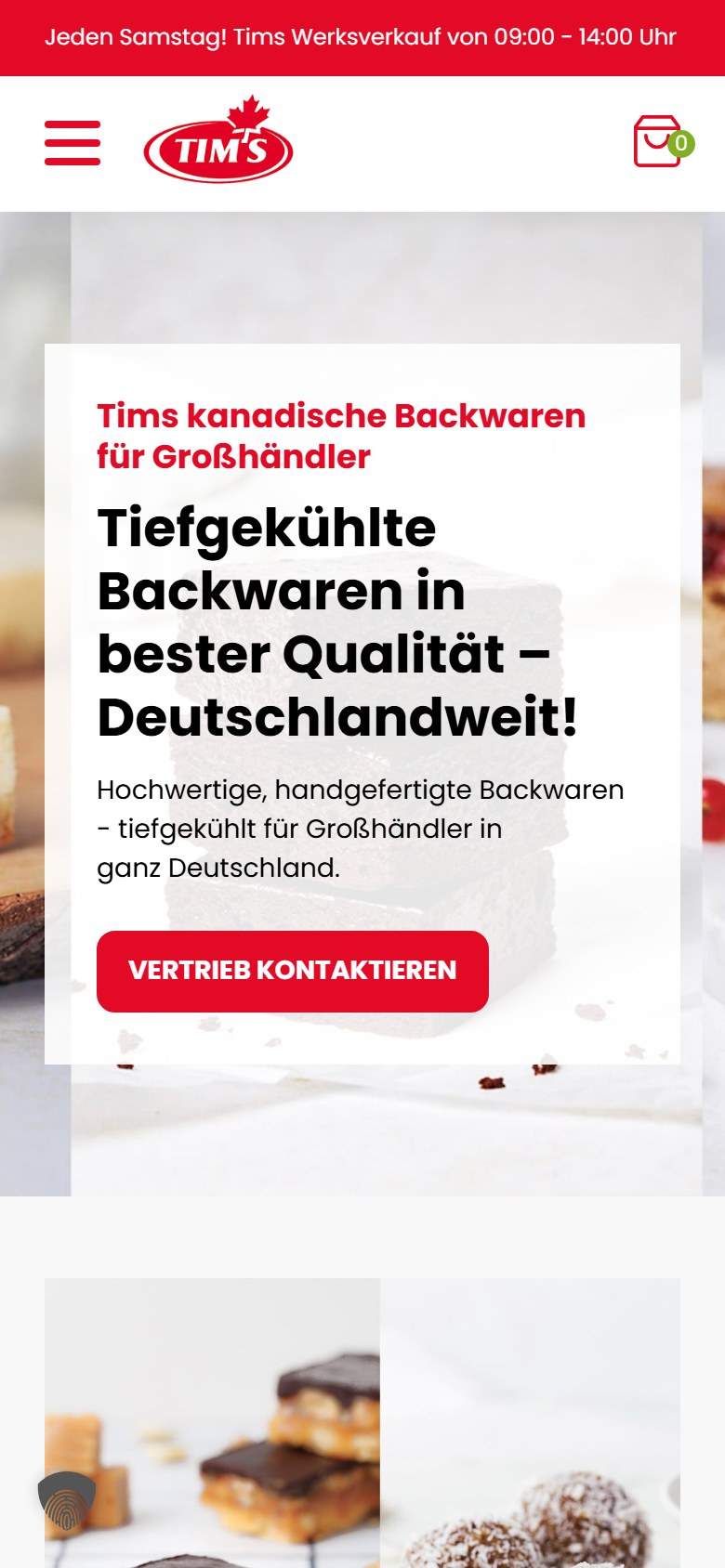 Website von Tims Kanadische Backwaren – Handyansicht: TK-Produkte für Großhändler