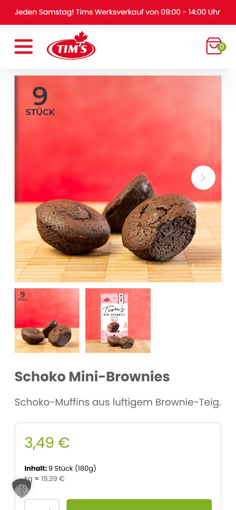 Website von Tims Kanadische Backwaren – Handyansicht: Tims Schoko Mini-Brownies