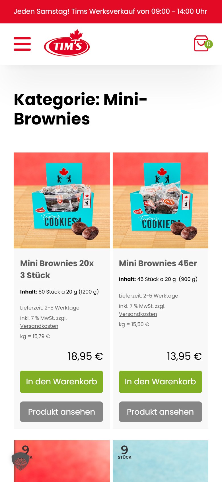 Website von Tims Kanadische Backwaren – Handyansicht: Mini-Brownies