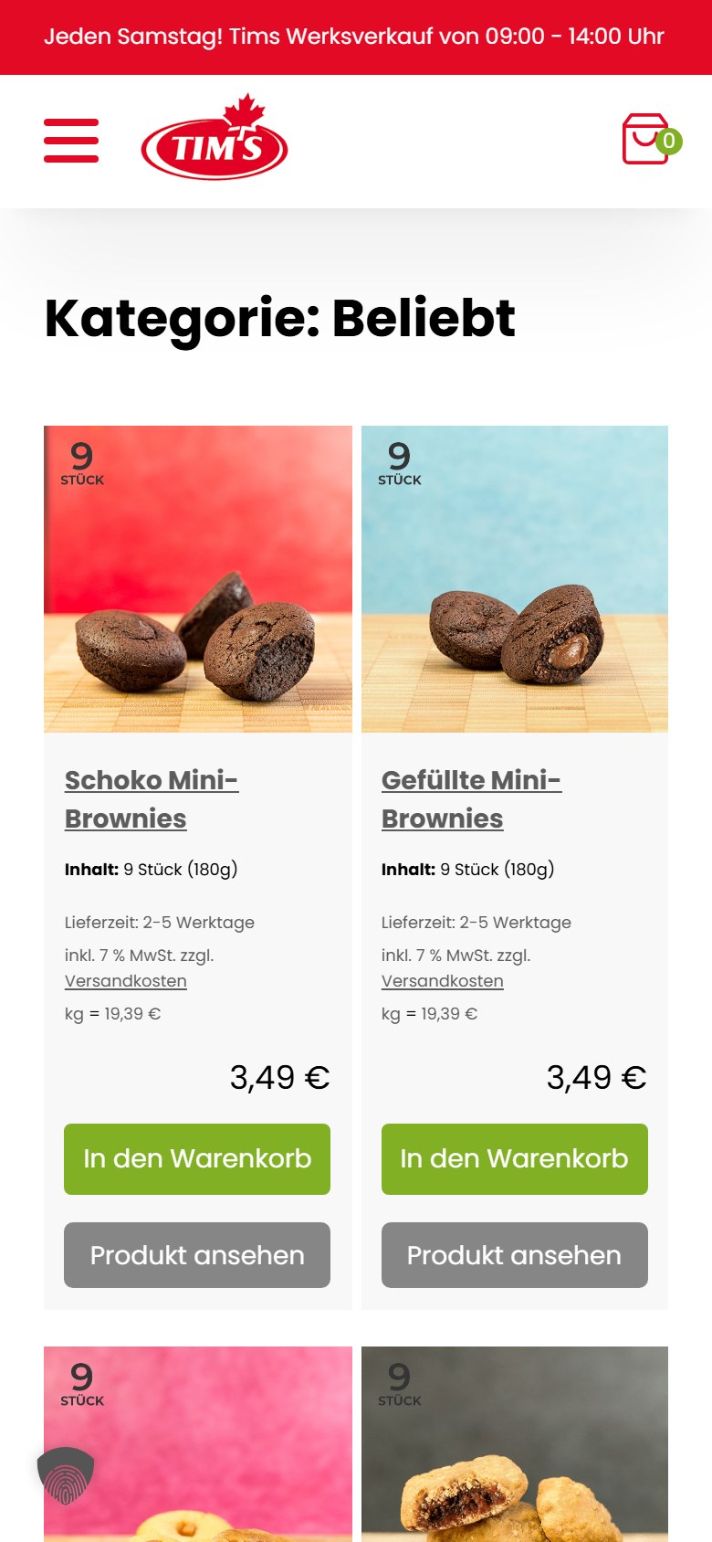 Website von Tims Kanadische Backwaren – Handyansicht: Beliebt
