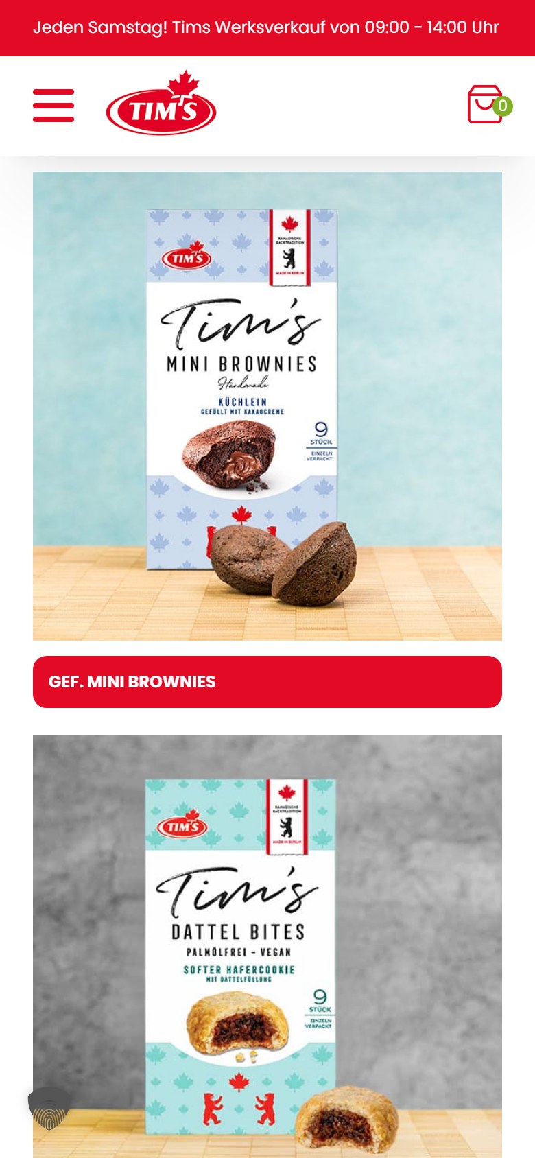 Website von Tims Kanadische Backwaren – Handyansicht: Tims Kanadische Backwaren jetzt mit neuem Onlineshop!