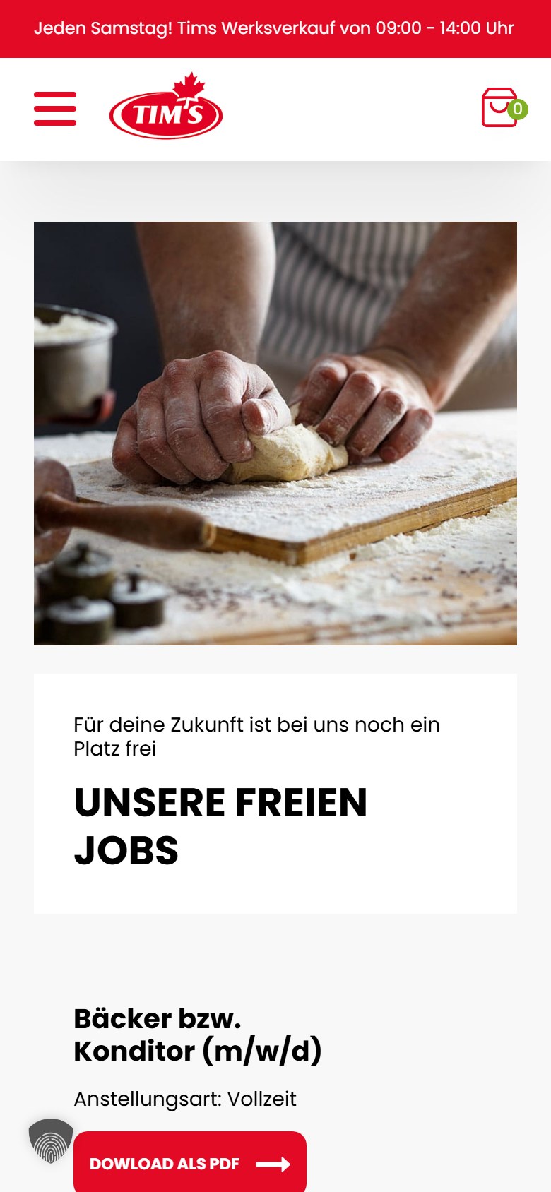 Website von Tims Kanadische Backwaren – Handyansicht: Jobs