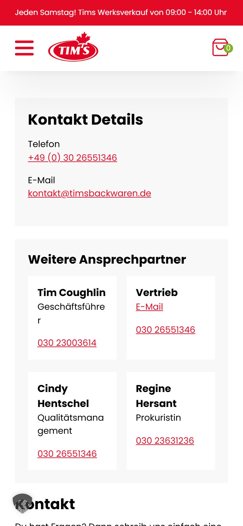 Website von Tims Kanadische Backwaren – Handyansicht: Du hast Fragen?