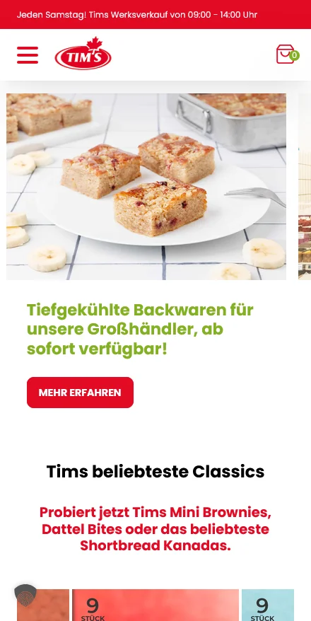 Website von Tims Kanadische Backwaren – Handyansicht