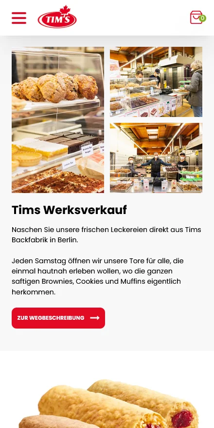 Website von Tims Kanadische Backwaren – Handyansicht