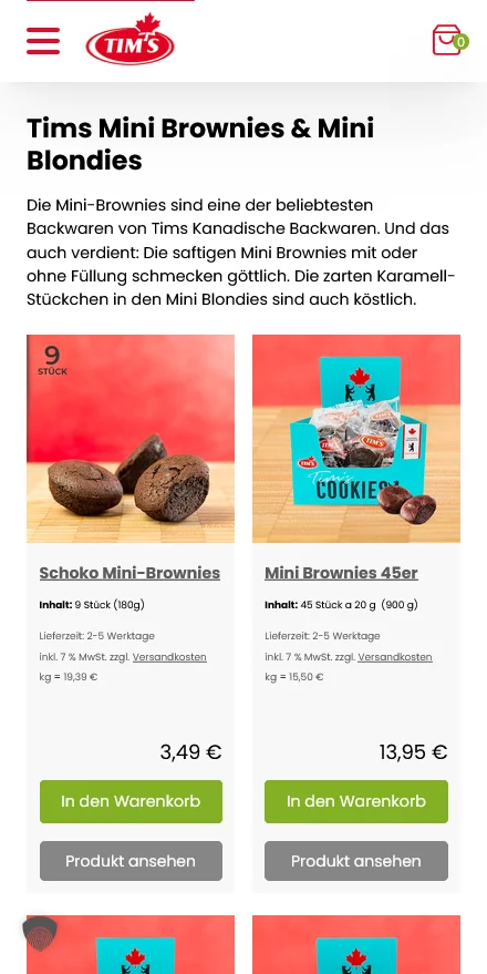 Website von Tims Kanadische Backwaren – Handyansicht