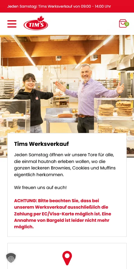 Website von Tims Kanadische Backwaren – Handyansicht