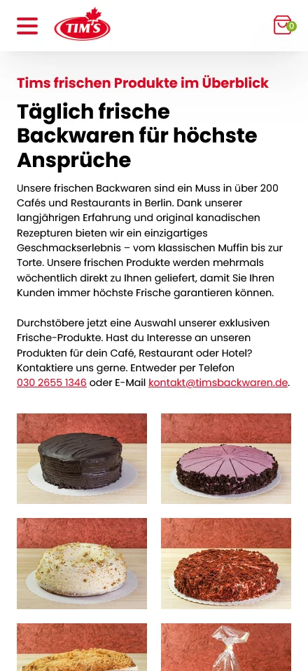 Website von Tims Kanadische Backwaren – Handyansicht