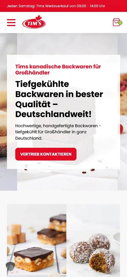Website von Tims Kanadische Backwaren – Handyansicht