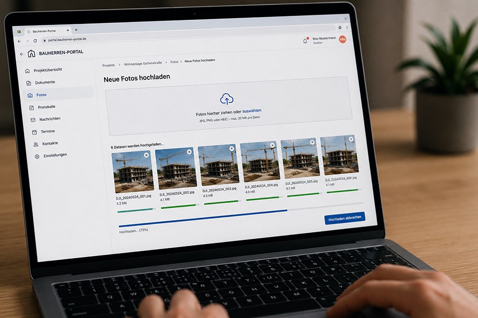 Ein Laptop auf dem gerade neue Fotos der Baustellen auf die Kundenwebsite hochgeladen werden