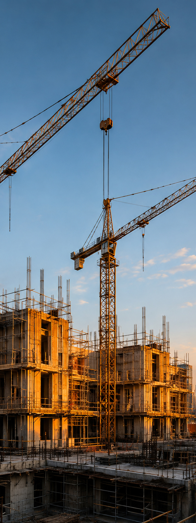 Große Baustelle mit mehreren Baukränen und modernen Rohbauten während der Bauphase eines Wohn- oder Gewerbeprojekts.