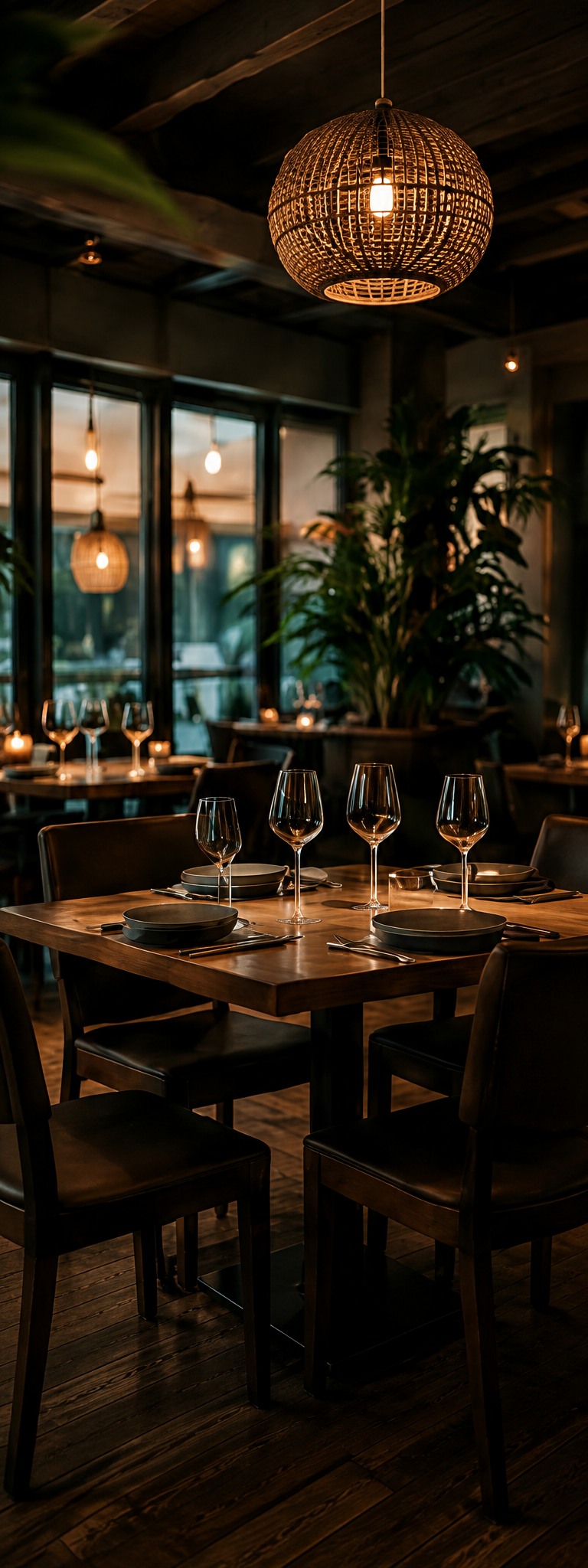 Modern eingerichtetes Restaurant mit stilvoll gedeckten Tischen, warmem Ambiente und gemütlicher Beleuchtung für ein hochwertiges Gastronomieerlebnis.