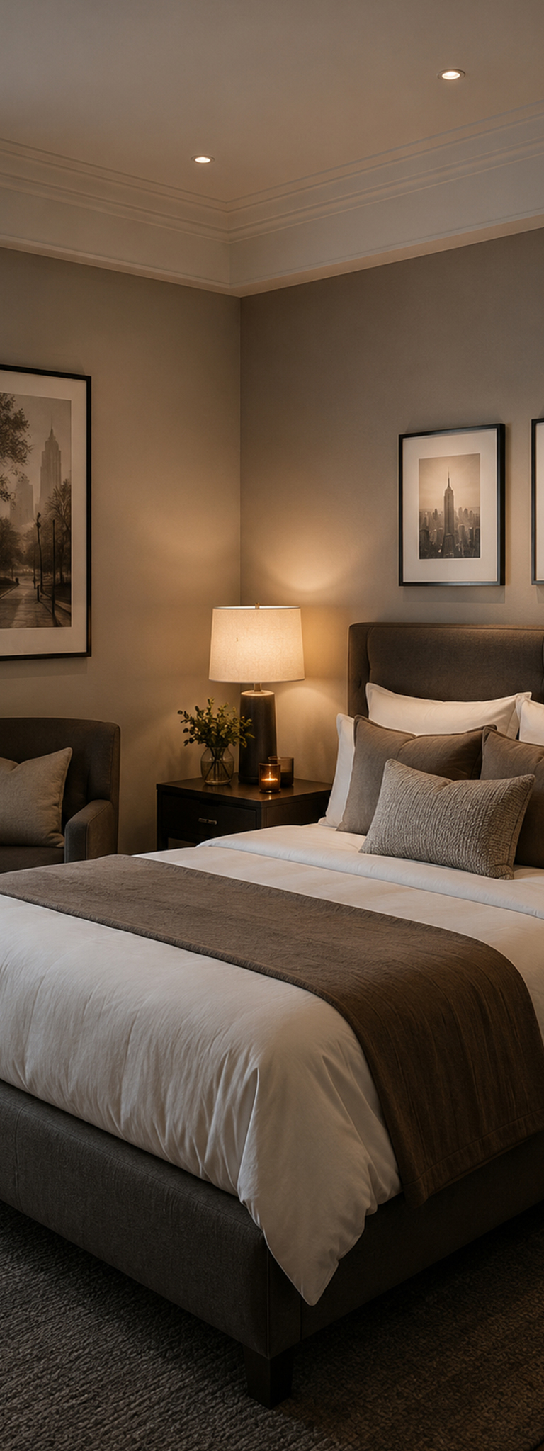 Modernes Schlafzimmer mit hochwertigem Doppelbett, stilvoller Einrichtung und warmem Licht in einem eleganten Hotel- oder Wohnambiente.