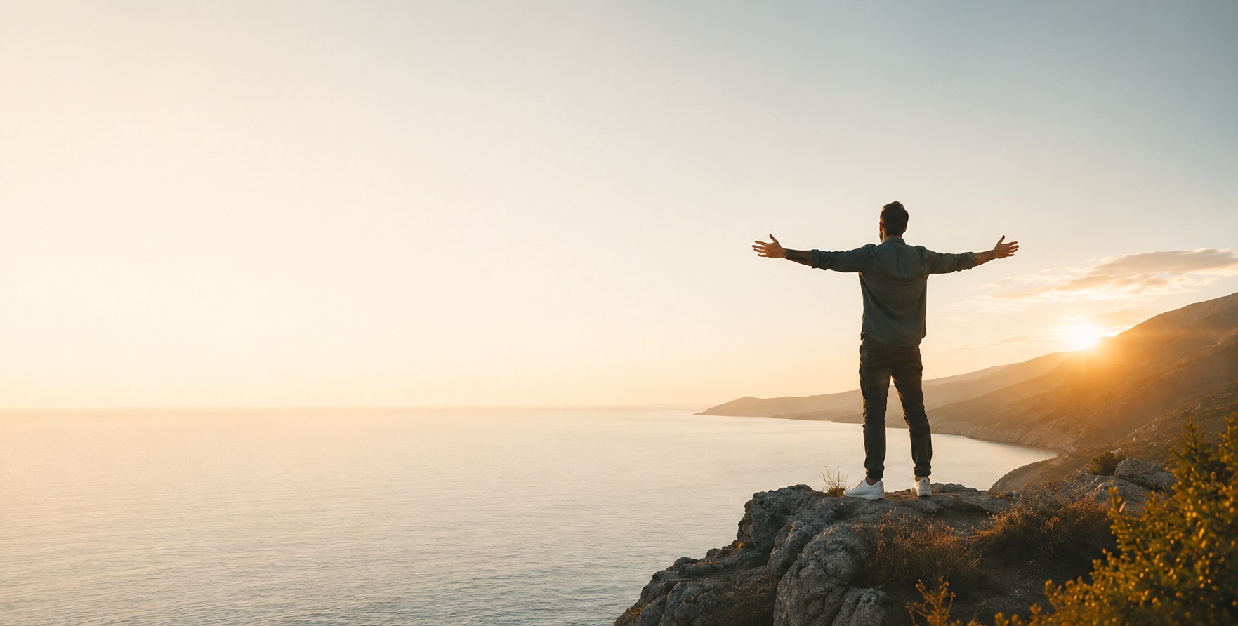 Ein Mann steht auf einer Klippe und steht vor dem offenen Meer. Die Sonne geht unter und der Mann streckt seine Arme weit aus. Er genießt die Freiheit.