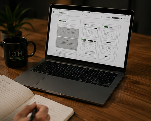 Wireframe und Konzeptentwicklung für eine individuelle Unternehmenswebsite am Laptop.