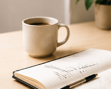 Persönliches Erstgespräch zur Planung einer professionellen Unternehmenswebsite mit Notizbuch und Kaffee.