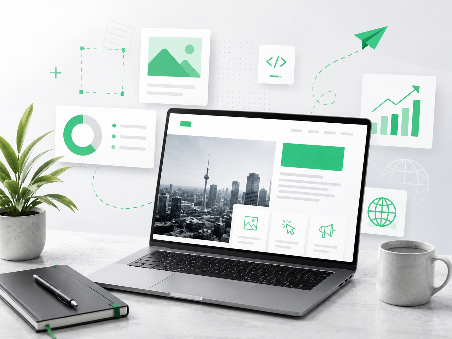 Ein Laptop auif dem Tisch mit einer Mockup-Website geöffnet. Auf dem Tisch befindet sich außerdem eine Pflanze, Notizbuch und eine Tasse Kaffee. Im Hintergrund sind verschiedene Grafiken die Wachstum und Coding implizieren sollen.