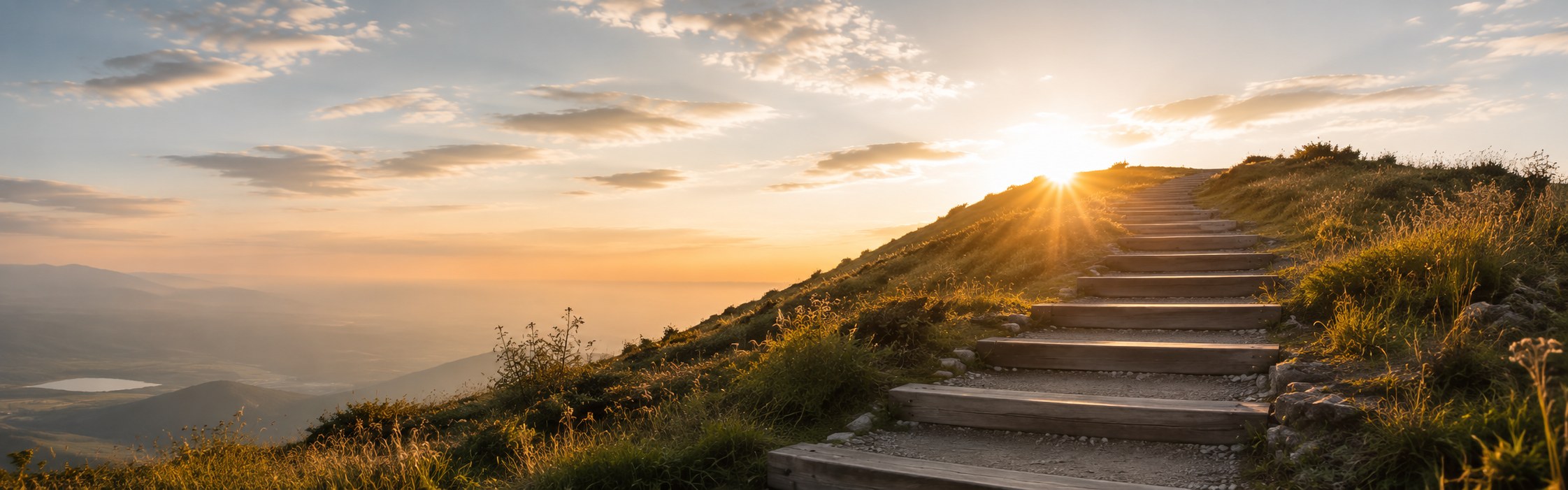Sonnenuntergangsstimmung auf einer Weide welche leicht bergauf geht mit Stufen.