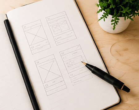 Wireframe-Entwurf und Konzeptplanung für eine individuelle Unternehmenswebsite auf einem Notizblock.